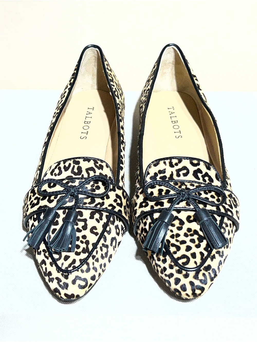 Talbots Leopard Print Tassel Pointed Flats in Beige and Black